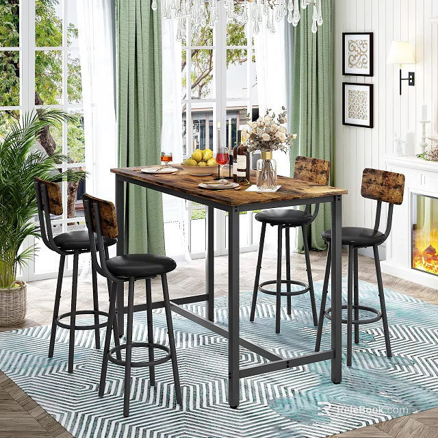 Rustic Wooden Dining Table Set with Bar Stools Fruits and Flower Arrangement in Bright Room 3d model 