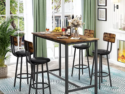 Rustic Wooden Dining Table Set with Bar Stools Fruits and Flower Arrangement in Bright Room 3d model