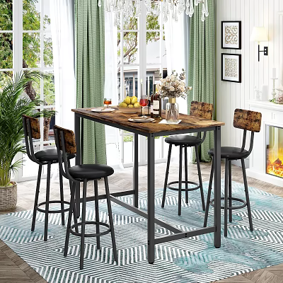 Rustic Wooden Dining Table Set with Bar Stools Fruits and Flower Arrangement in Bright Room 3d model