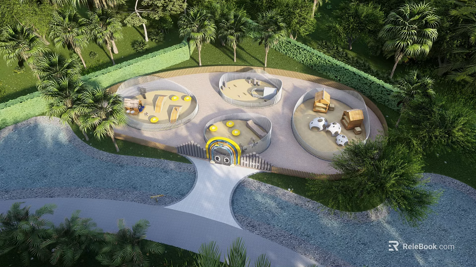 Kids Playground With Circular Play Areas Palm Trees Greenery And Pathway 3d model 
