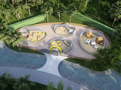 Kids Playground With Circular Play Areas Palm Trees Greenery And Pathway 3d model