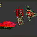Detailed Red Mechanical Robot Tank And Airplane Models On Reflective Surface 3d model