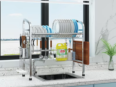 Stainless Steel Kitchen Dish Rack with Plates Bowls Utensils and Cutting Board 3d model