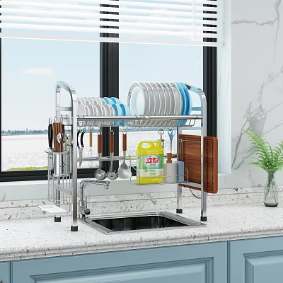 Stainless Steel Kitchen Dish Rack with Plates Bowls Utensils and Cutting Board 3d model