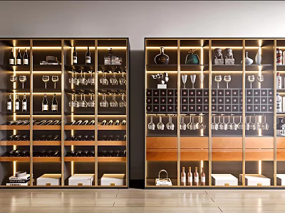 Elegant Modern Wine Cabinet Interior Design With Glassware Wine Bottles And Decorations 3d model