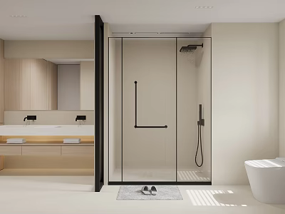 Modern Bathroom Interior With Glass Shower Enclosure Double Vanity Wooden Cabinets And Large Mirror 3d model