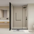 Modern Bathroom Interior With Glass Shower Enclosure Double Vanity Wooden Cabinets And Large Mirror