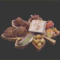 Assorted Food Platter With Sesame Balls Fried Snacks Fresh Cheese Vegetable Sticks And Olives