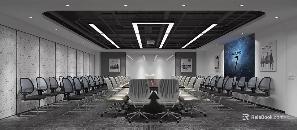 Modern Conference Room Interior Design With Long Table Office Chairs And Ceiling Lights 3d model