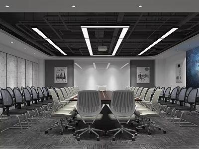 Modern Conference Room Interior Design With Long Table Office Chairs And Ceiling Lights 3d model