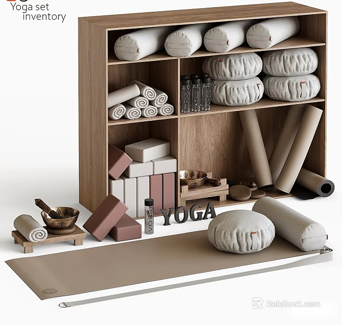 Essential Yoga Sports Equipment With Mats Blocks Rolls And Wooden Storage Shelf 3d model 