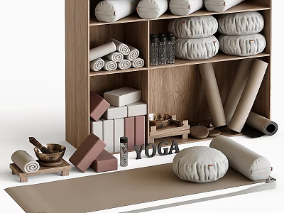 Essential Yoga Sports Equipment With Mats Blocks Rolls And Wooden Storage Shelf 3d model