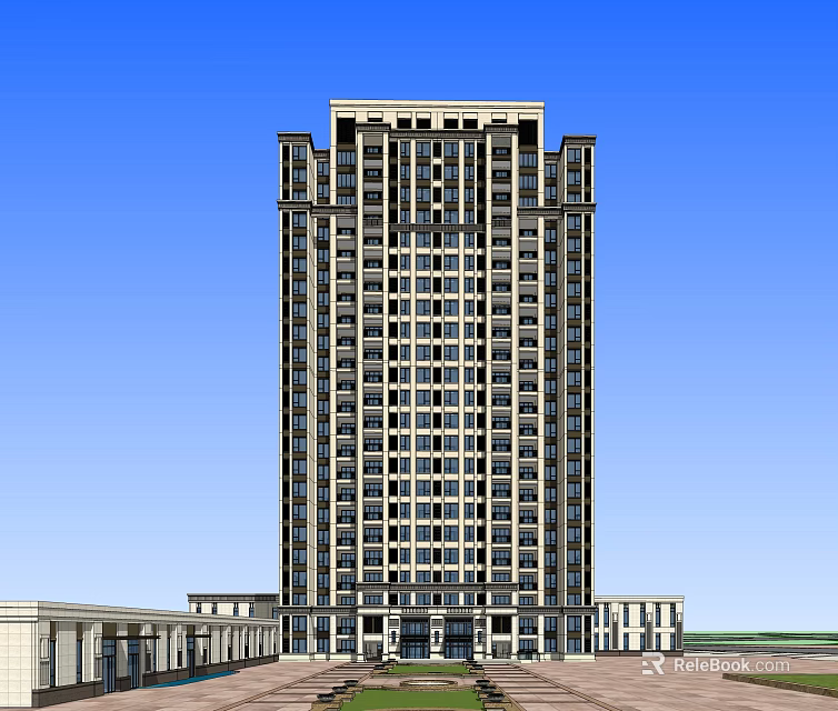 Modern Classical High Rise Building With Windows And Low Rise Structures 3d model