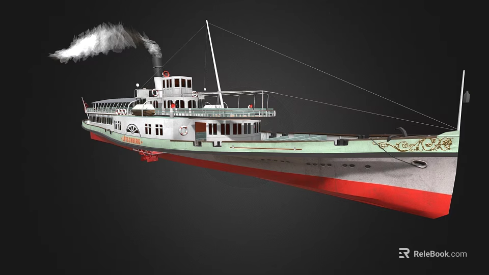 Vintage Steamship With White Superstructure Red Hull Deck Railings And Smoking Chimney 3d model 