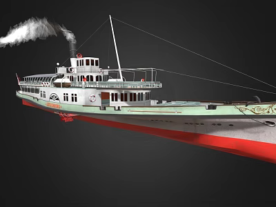 Vintage Steamship With White Superstructure Red Hull Deck Railings And Smoking Chimney 3d model