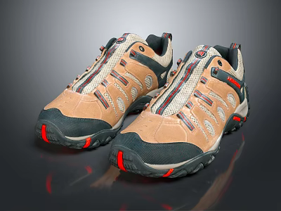 Beige Black Outdoor Hiking Shoes With Red Accent Sole And Stripe Lace Design 3d model