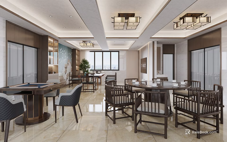 Traditional Chinese Style Reception Room With Wooden Tables Chairs And Chandelier 3d model 