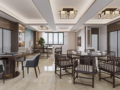 Traditional Chinese Style Reception Room With Wooden Tables Chairs And Chandelier 3d model