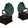 Vintage Gramophones With Colorful Horns And Dark Wooden Bases For Retro Audio Setup