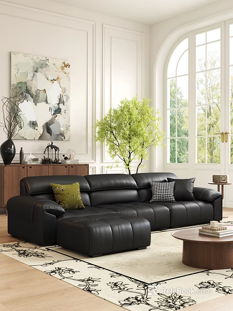 Black Leather Sectional Sofa With Green Checkered Pillows In Modern Living Room With Large Windows 3d model 