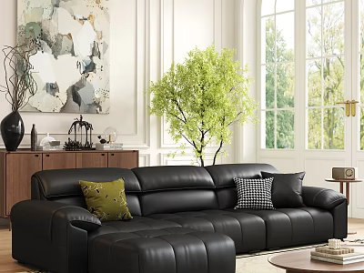 Black Leather Sectional Sofa With Green Checkered Pillows In Modern Living Room With Large Windows 3d model