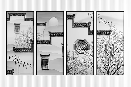 New Chinese Architectural Painting Decorative Hanging Painting Combination 3d model