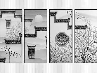 New Chinese Architectural Painting Decorative Hanging Painting Combination 3d model