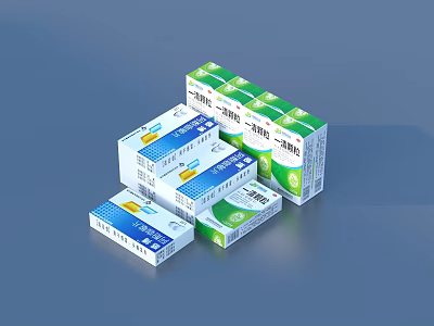 Stacked Daily Household Medicine Boxes with Green and White Packaging 3d model