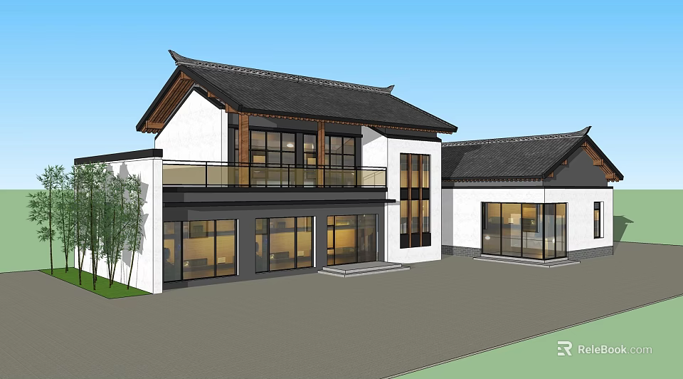 Traditional Roof Chinese Boutique Hotel Building With White Walls Glass Windows Balcony And Courtyard 3d model 