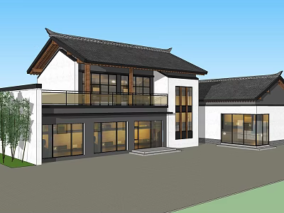 Traditional Roof Chinese Boutique Hotel Building With White Walls Glass Windows Balcony And Courtyard 3d model