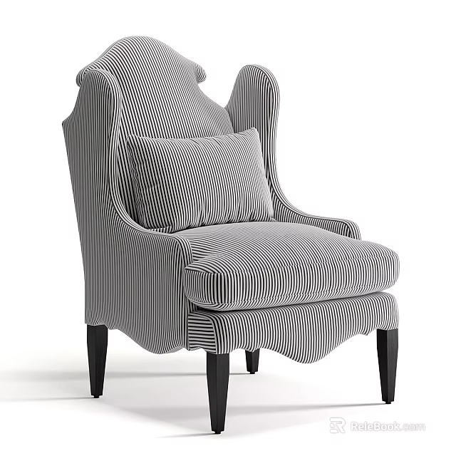 Gray Striped Wingback Accent Chair With Cushion And Black Legs Classic Style 3d model 