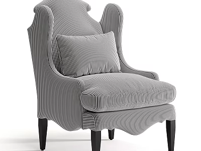 Gray Striped Wingback Accent Chair With Cushion And Black Legs Classic Style 3d model