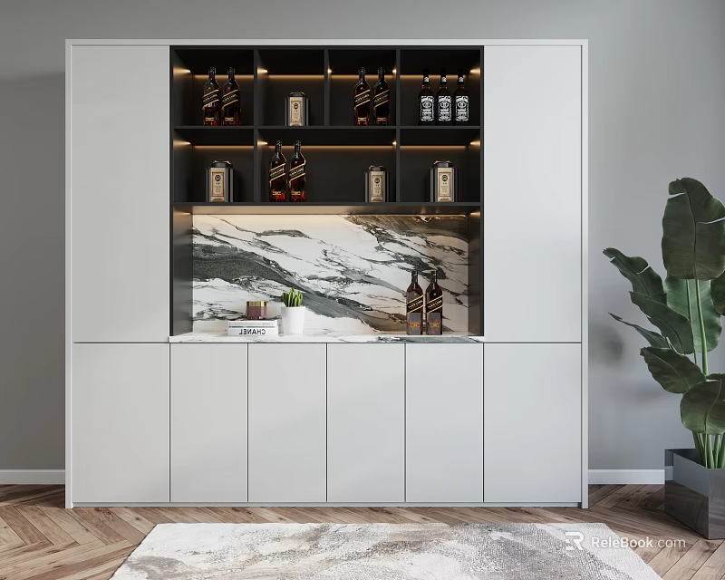 Modern White Wine Cabinet Interior Design With Marble Backdrop And Decorative Bottles 3d model