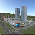 Modern Commercial Complex with Modern Architecture Skyscrapers Shopping Plaza Greenery and River View
