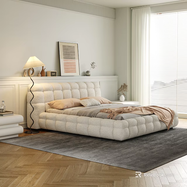 Modern Minimalist Bedroom Interior With Tufted Bed Table Lamp Wall Artwork And Rug 3d model 