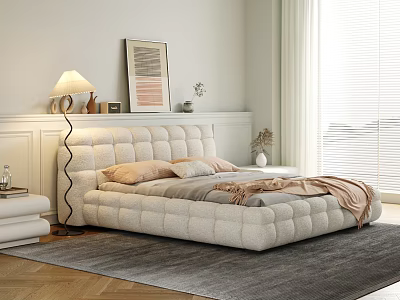 Modern Minimalist Bedroom Interior With Tufted Bed Table Lamp Wall Artwork And Rug 3d model