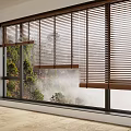Wooden Blinds On Large Window With Light Wood Floor Framing Green Trees And Misty View