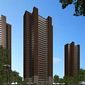 Modern High Rise Residential Building With Orange Brown Exterior Large Windows And Blue Sky Background