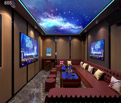 Modern KTV Interior With Starry Ceiling Multiple Screens Sofas And Coffee Tables 3d model