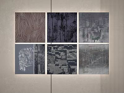 Six Abstract Art Panels With Diverse Textures And Patterns On Light Wall 3d model