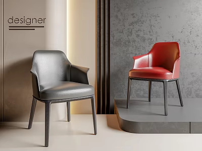Designer Modern Dining Chairs Gray And Red Leather With Black Legs And Gray Wall Background 3d model