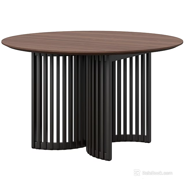 Round Wooden Table With Brown Top And Black Vertical Slat Legs 3d model 