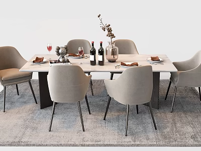 Modern Minimalist Dining Table Set With Light Gray Chairs Wine Bottles And Vase 3d model