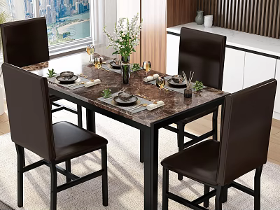 Modern Dining Table Set with Marble Top Four Leather Chairs and Greenery Vase Tableware 3d model