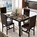 Modern Dining Table Set with Marble Top Four Leather Chairs and Greenery Vase Tableware
