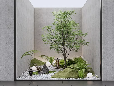Serene Zen Garden Decor With Tree Ferns Rocks Pebbles Lantern And Round Lights 3d model