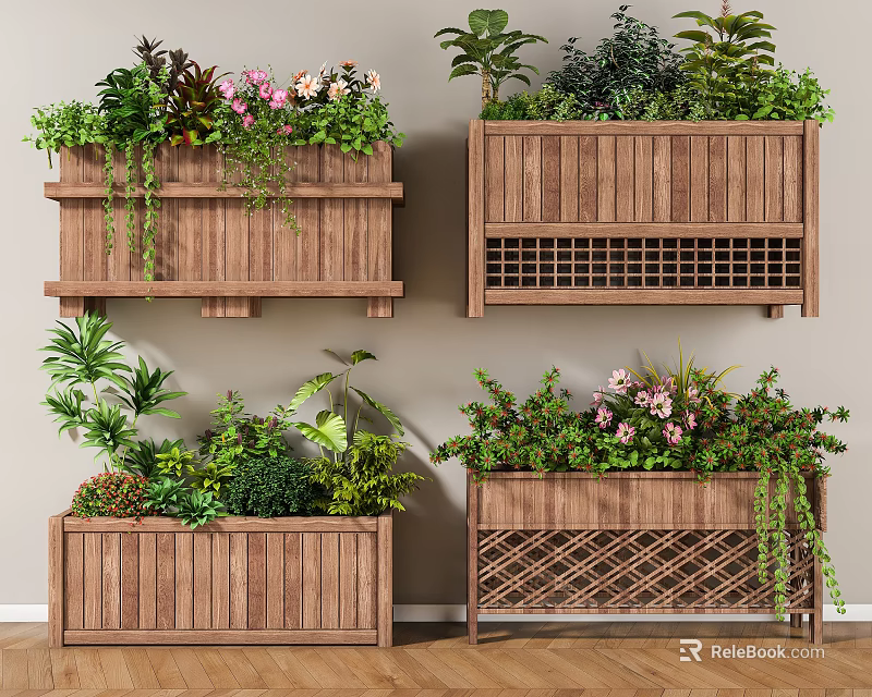 Wooden Planters with Bonsai Various Plants and Pink Flowers for Home Decor 3d model 