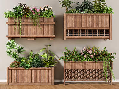 Wooden Planters with Bonsai Various Plants and Pink Flowers for Home Decor 3d model
