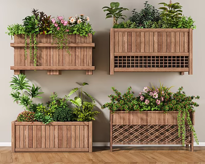 Wooden Planters with Bonsai Various Plants and Pink Flowers for Home Decor 3d model