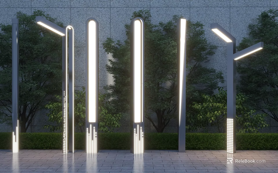 Sleek Modern Outdoor Lights With Vertical Design Illuminated Garden Pathway Landscape 3d model 